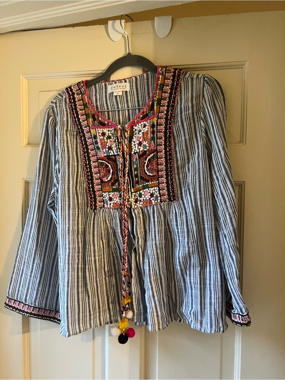 Velvet by Graham & Spencer Blue and White Striped Embroidered Peasant Tunic